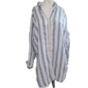 St. Tropez West size 2X button front 100% linen shirt collar blue stripe collar